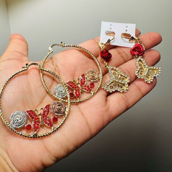 Stunning Butterfly & Rose Hoop And Dangle Earrings Gold Filled - Picture 1 of 3